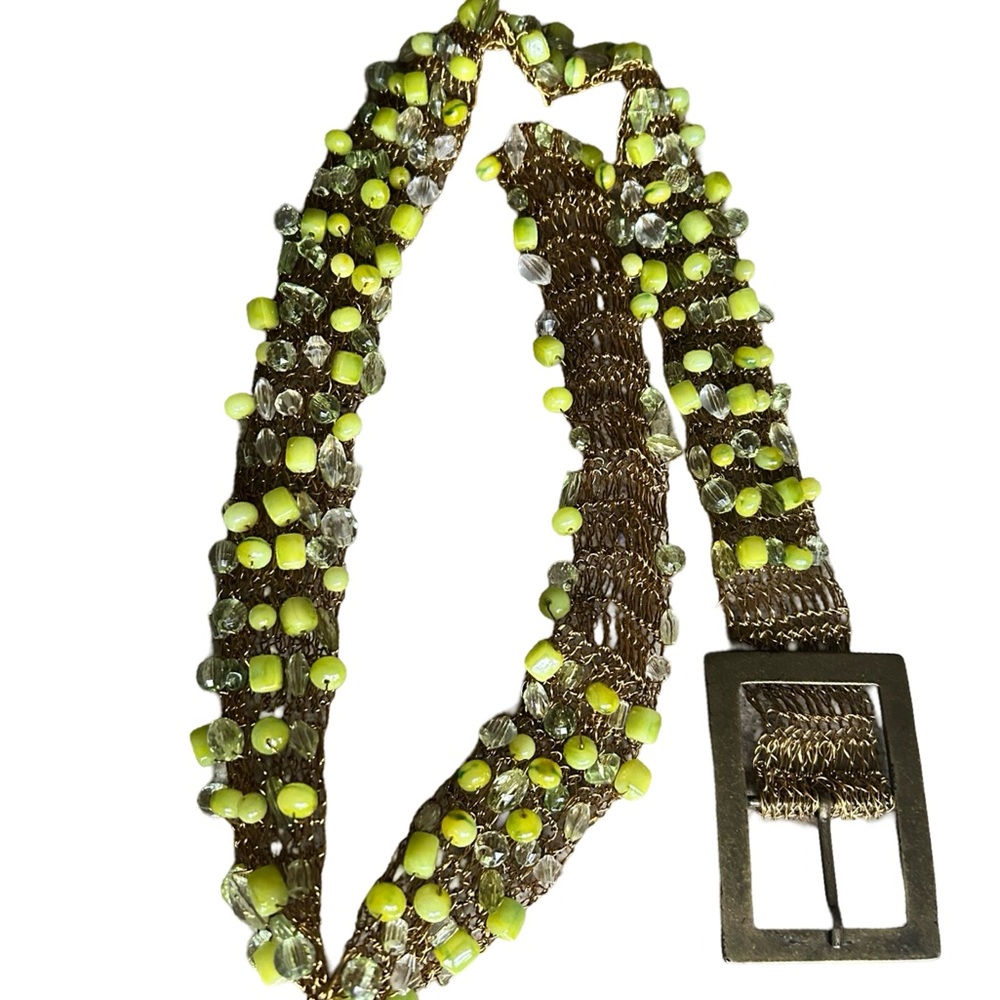 Gold Green Beaded Chunky Metal Retro Artsy Belt - Picture 6 of 12